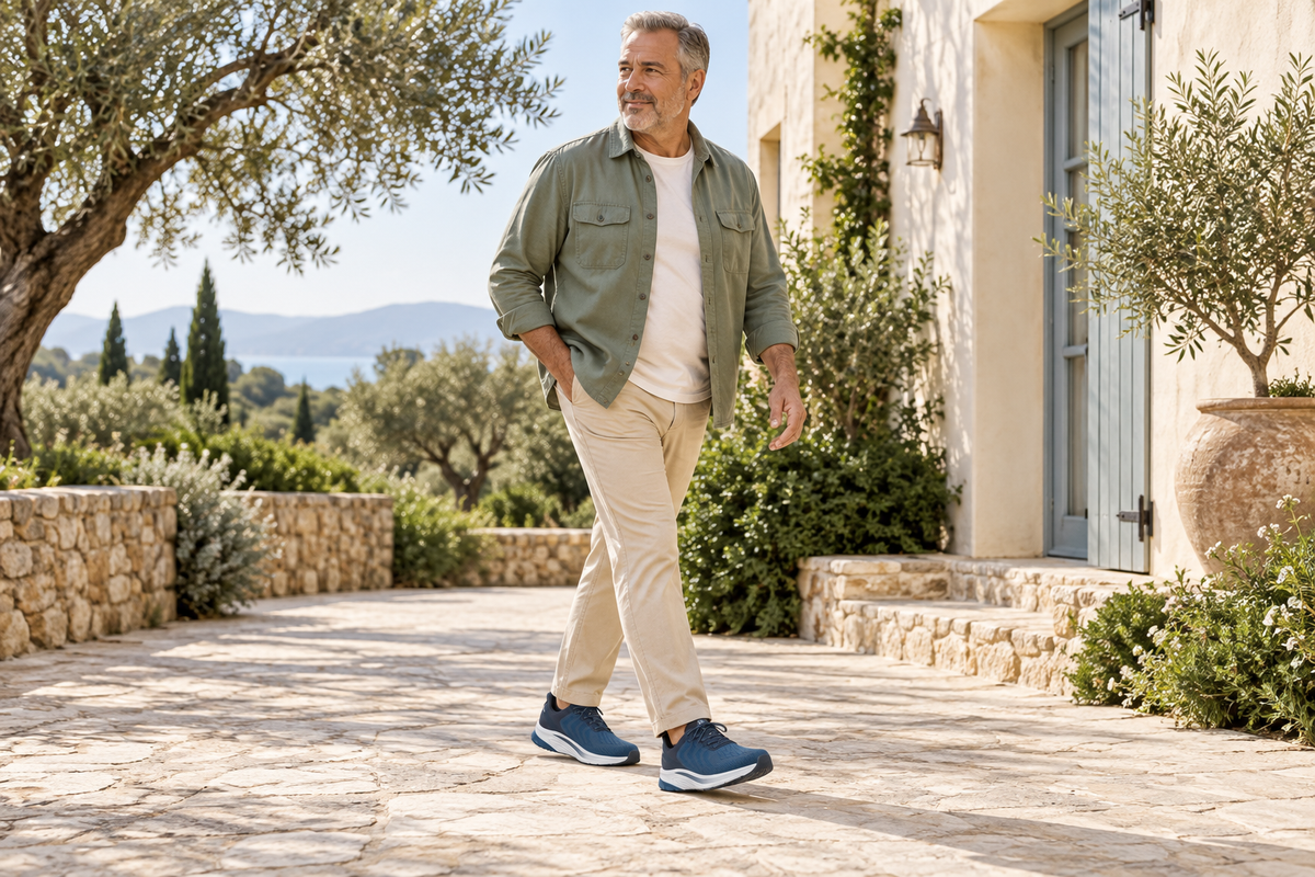 Hombre adulto paseando con Nexo azul