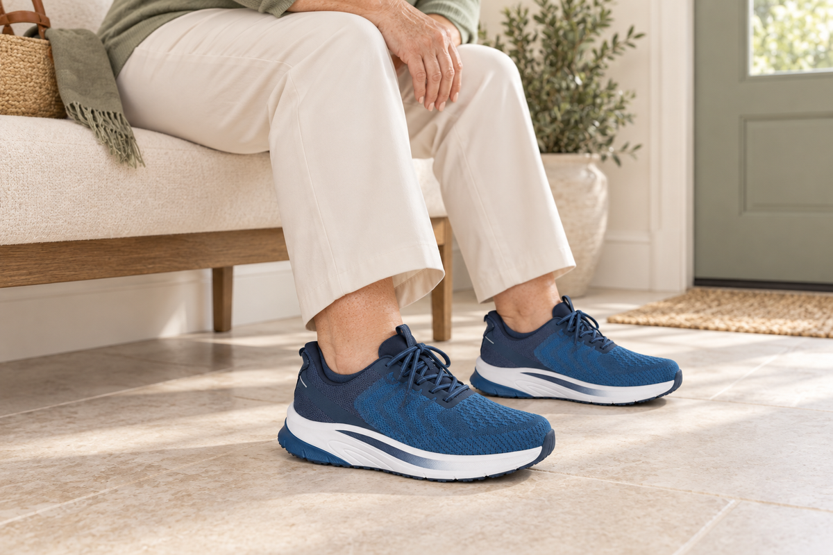 Detalle de Nexo azul en los pies de una mujer sentada