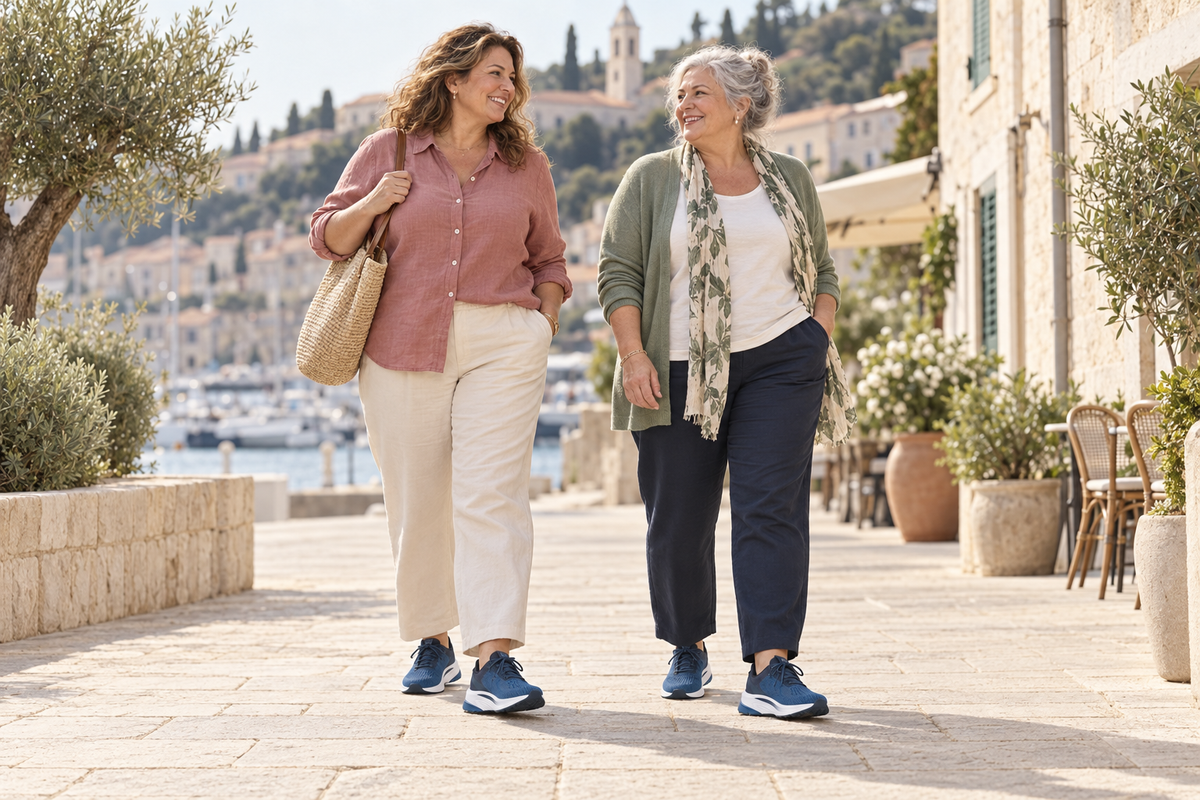 Dos mujeres adultas paseando con Nexo azul