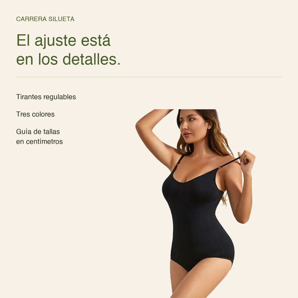 Carrera Silueta: tirantes regulables, tres colores y guía de tallas en centímetros