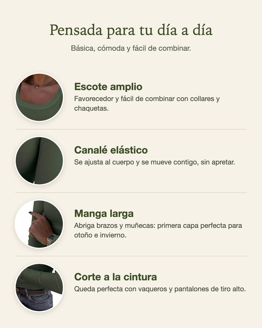 Detalles de Carrera Aria™: escote amplio, canalé elástico, manga larga y corte a la cintura