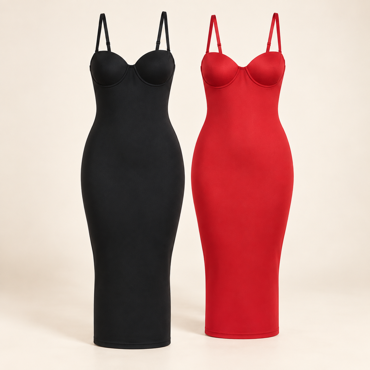 Pack de dos vestidos Carrera Évora en negro y rojo sobre fondo crema