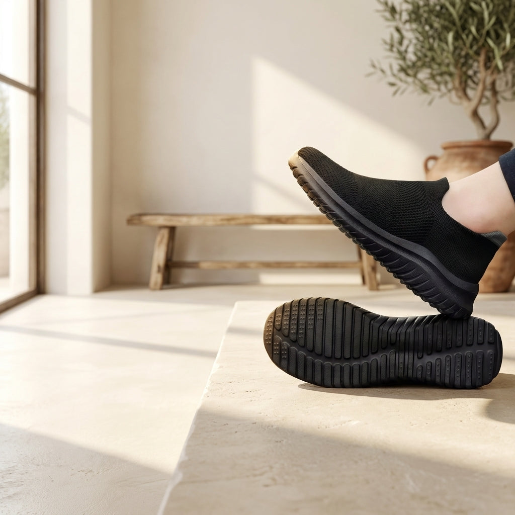 Carrera Flex Mujer en uso y detalle de suela