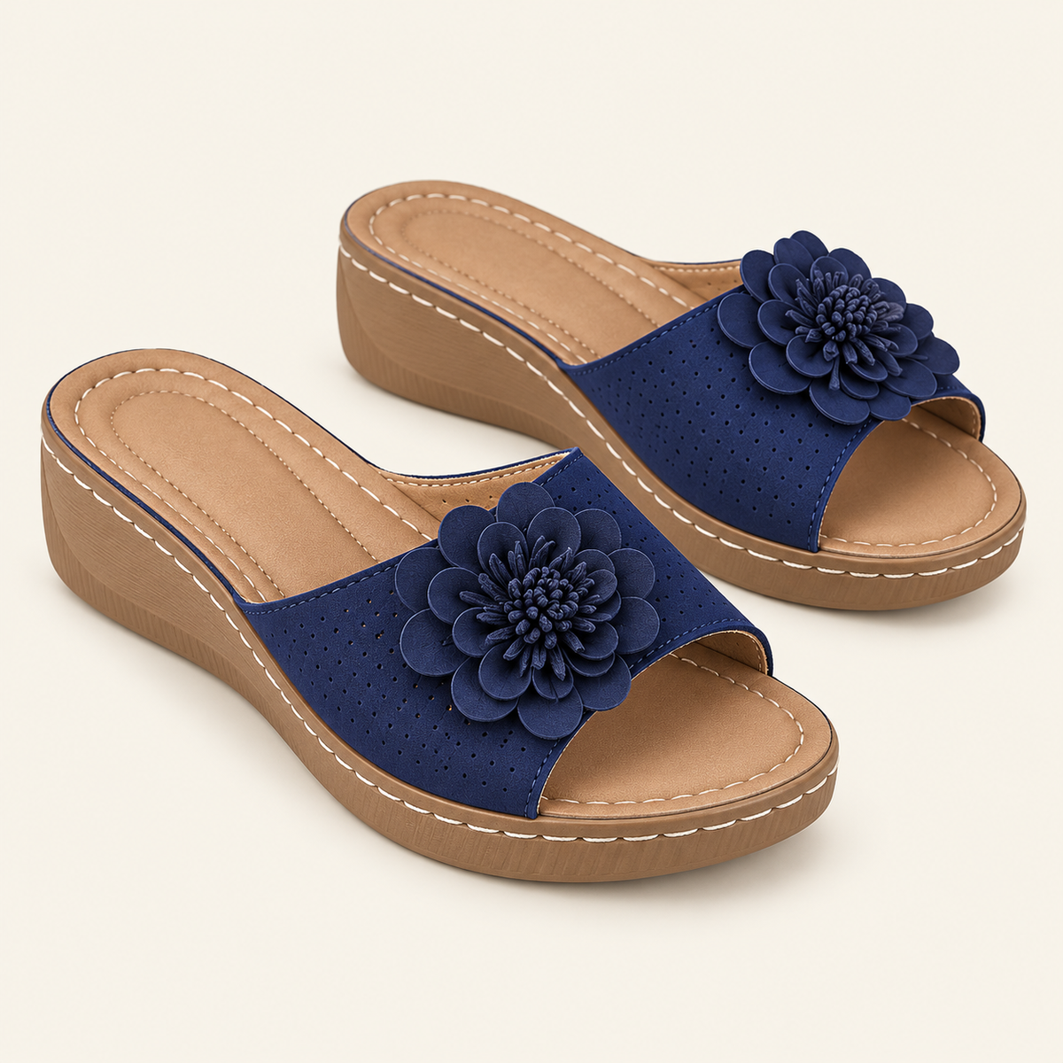 Carrera Flora · Azul marino · fondo crema