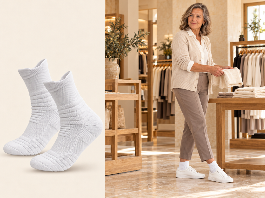 Carrera Jornada™ — dependienta en una tienda con calcetines blancos