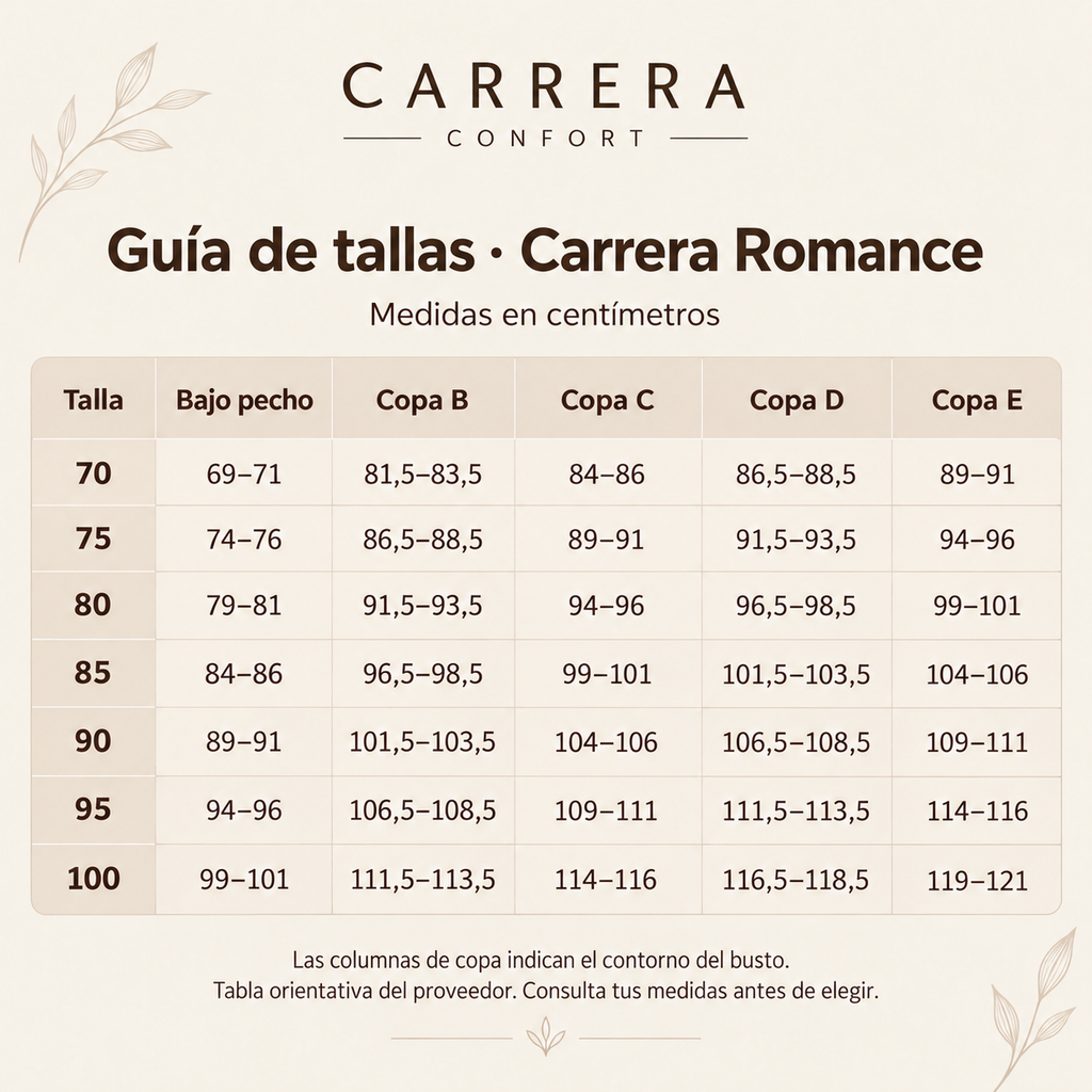 Guía de tallas de Carrera Romance en centímetros