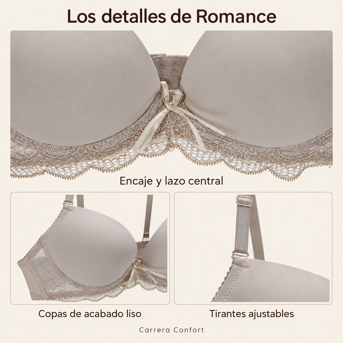 Detalles de encaje, copas y tirantes de Carrera Romance