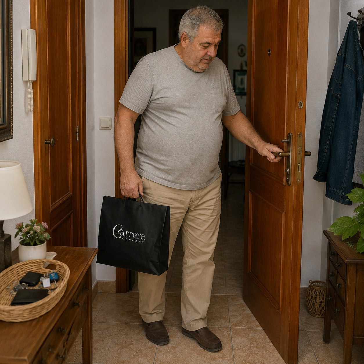 Escena lifestyle en casa con bolsa negra Carrera Confort