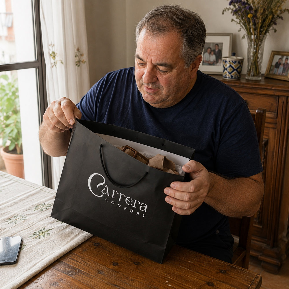 Escena lifestyle de unboxing de Carrera Sahara junto a bolsa negra Carrera Confort