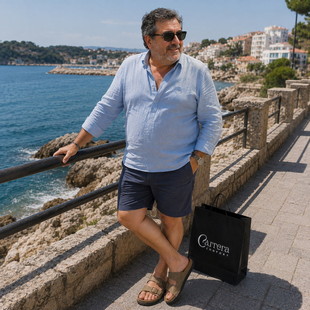 Escena lifestyle masculina con Carrera Sahara y bolsa negra Carrera Confort