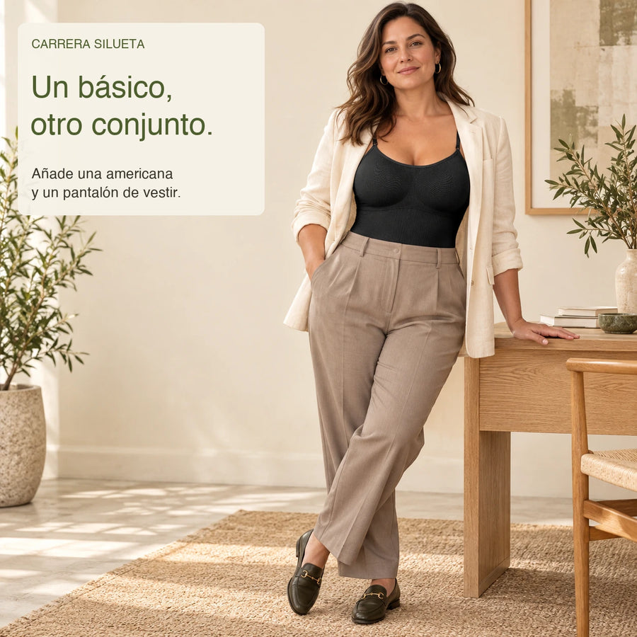 Carrera Silueta negro con americana crema y pantalón de vestir