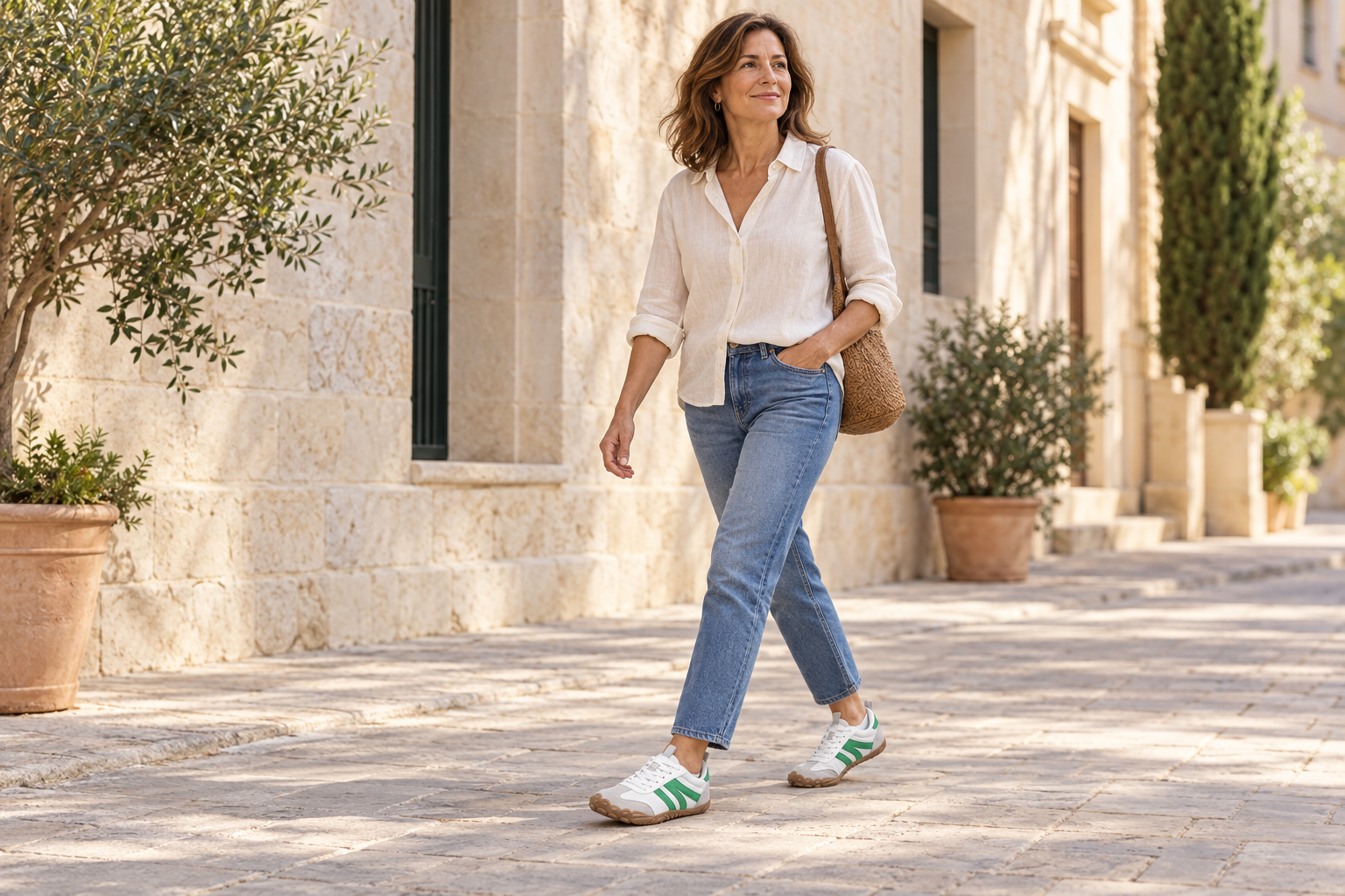 Mujer adulta paseando con Urban Clásica en blanco y verde